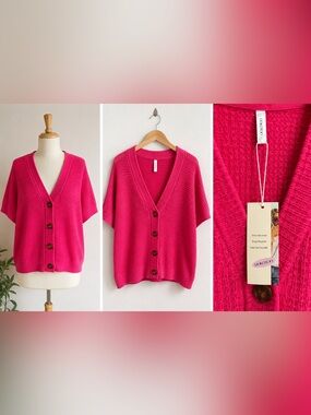 NWT Dokotoo Hot Pink Waffle Knit Cardigan XL Short Sleeve Button Front Sweater